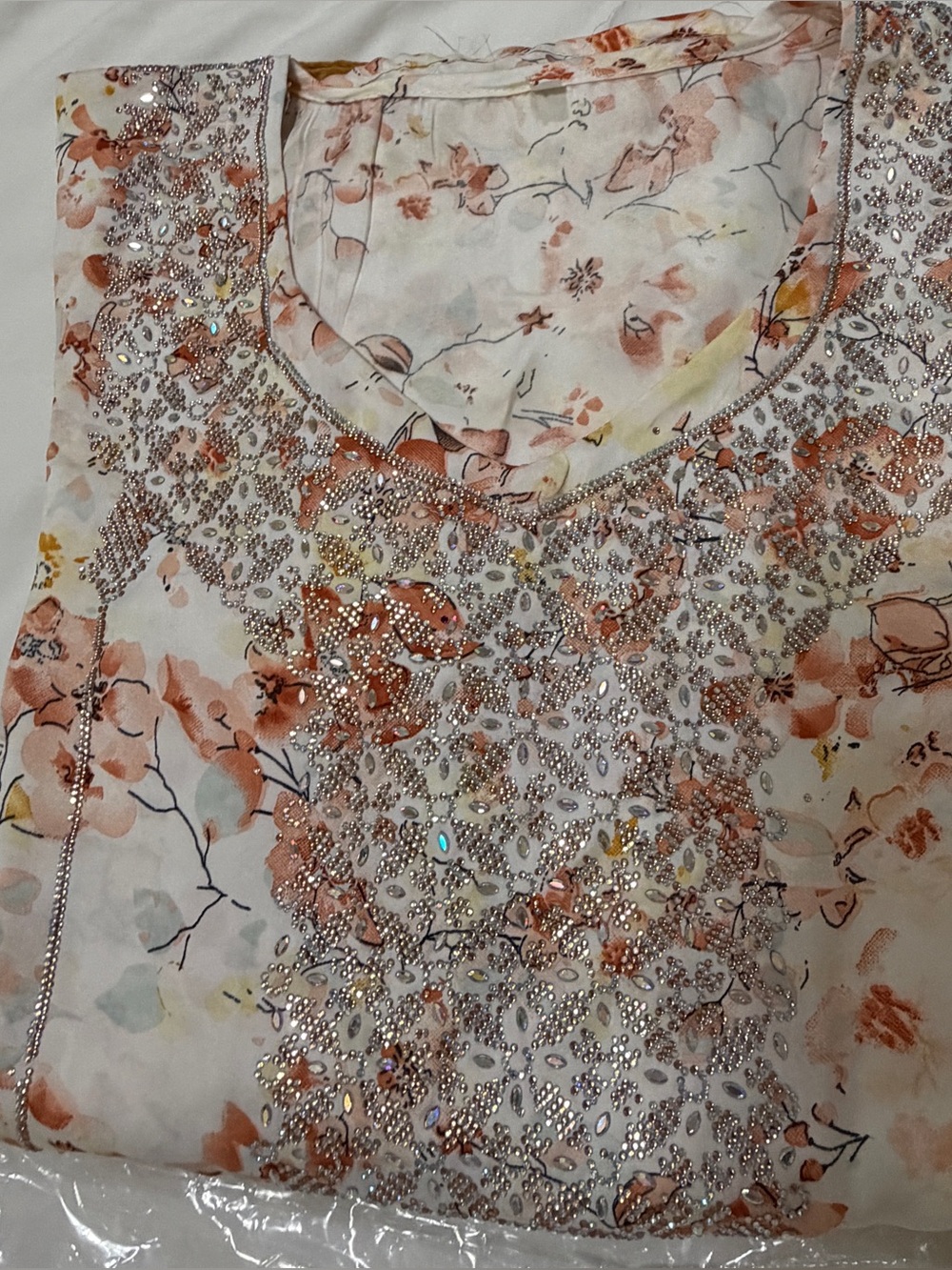 Embellished Floral V-Neck Women’s abaya in Peach and Cream and with scarf